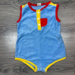Vintage Kmart Baby Romper 24 Month Blue Terry Cloth Primary Colorblock Henley